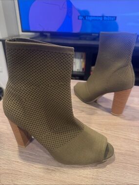 Brash Olive Green Knit Peep-Toe Sock Booties